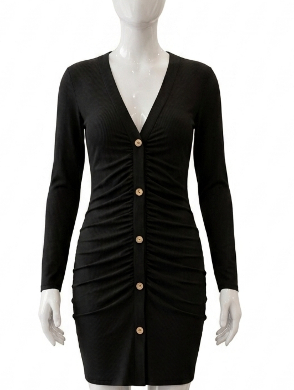 Beyove Black Ruched Button-Front Long Sleeve Dress Sz XLarge